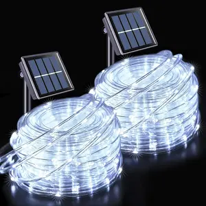 2 Pack 100 LED Solar Rope Lights, 33ft 8 Modes Waterproof LED Solar Pool Lights for Trampoline, Fence, Gazebo, Yard, Walkway, Path, Garden Decor (White)