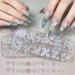 #Summer Beach Party  12-Piece Ocean Theme Nail Art Decor Set, Aurora Shell/starfish/siren Tail 3D Nail Accessories, DIY Nail Tool Kit