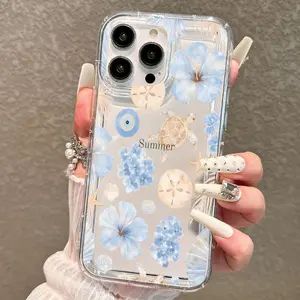 Transparent Summer Beach Floral Phone Case with Sea Turtle Sand Dollar Pattern & Cursive "Summer" Print, Shockproof Protective Cover for All iPhone Models (Light Blue Flowers, Star Center Circle)