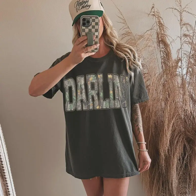 Retro Camo Western, Darlin Retro Camo Country Distressed Cowboy Quote, Camouflage Design Tee, Western Concert, Southern Comfort Colors