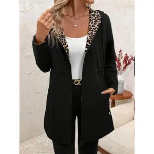 Plus Size Women's Leopard & Solid Color Reversible Jacket, Casual Fashion Outerwear, Fall & Winter Clothing, Ladies' Stylish Coats
