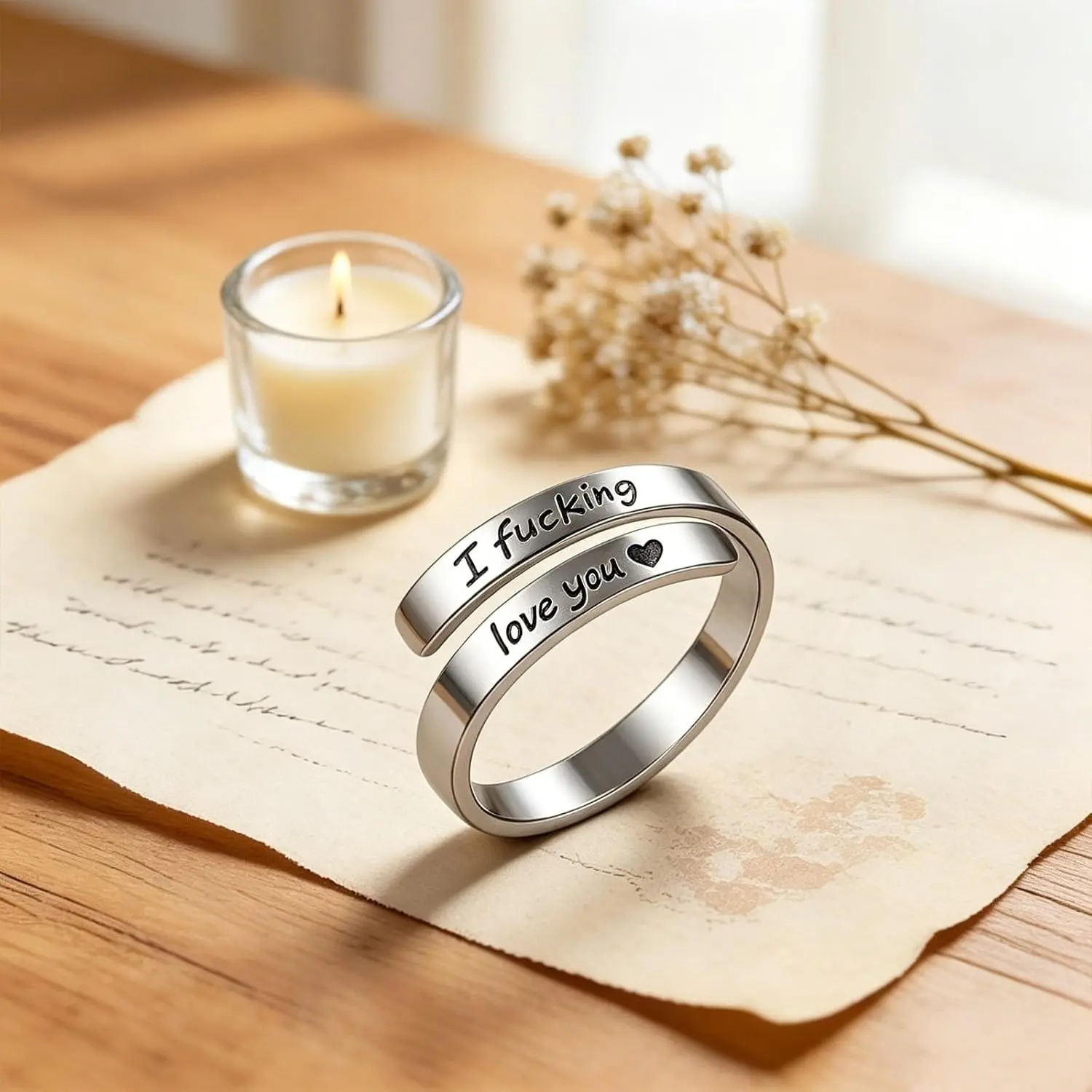 I Fucking Love You Adjustable Stainless Steel Spiral Twist Vintage Promise Ring for Women Men, Heart Engraved Jewelry Gift(Gift)