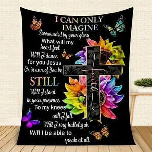 Christian Faith Flannel Throw Blanket, Inspirational "I Can Only Imagine" Quote with Rainbow Cross & Sunflower Design, Super Soft Fleece Blanket for Church & Home, Ideal Religious Gift for Believers