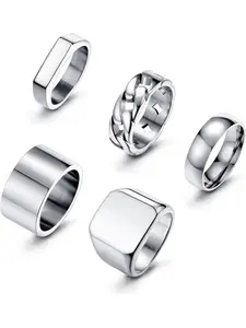 5pcs 14k Rings for Men, Stainless Steel Square Signet Rings, Chunky Thick Band, Cuban Link Chain Design, Sizes 7-15