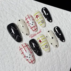 Star Bunny Plaid Handmade Press-On Nails | Medium Oval Shape, 10pcs | Edgy Y2K Style | Black & White Contrast & Red Plaid Bunny & Star Polka Dot Accents | High Gloss Finish | Reusable DIY Nail Kit for Spring | Trendy Bold Look