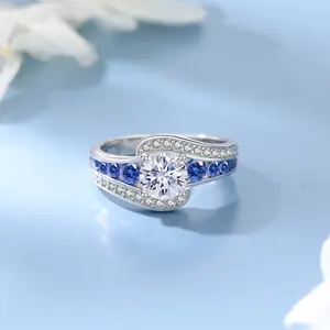 Synthetic Moissanite Engagement Ring Blue Band Sterling Silver D Color VVS 1 Synthetic Moissanite Ring For Women 925 Engagement Halo Ring