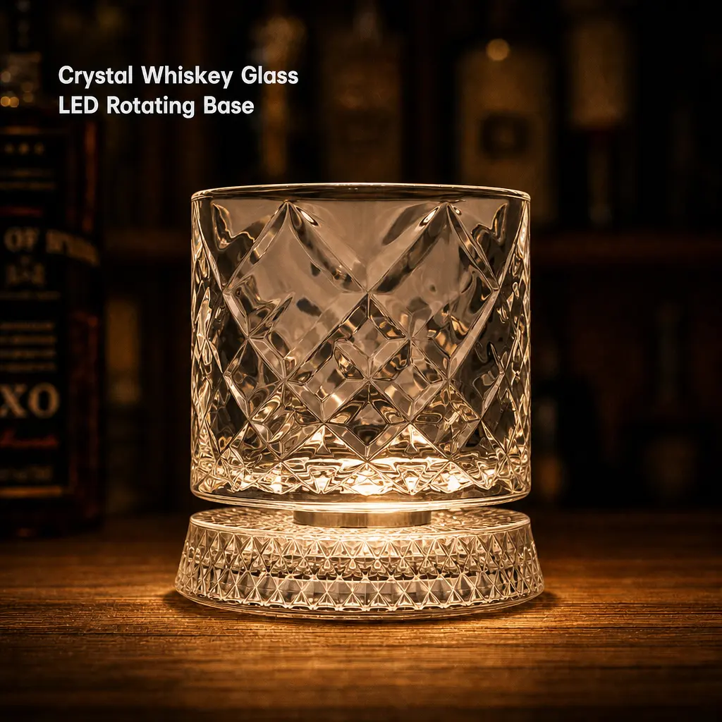 360° Rotating Crystal Whiskey Glass with LED Light Base - Diamond Cut Spinning Glass, Luxury Barware Stress Relief Gift for Whiskey Wine Cocktail