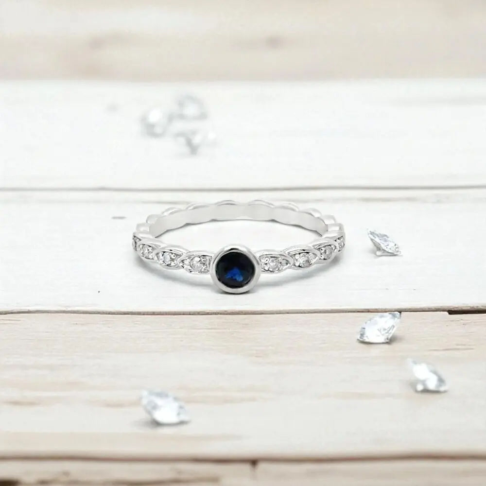 Lab-Created Blue Sapphire Ring for Women, 0.37 Carat Gemstone in a Bezel-Set 925 Sterling Silver Dainty Stackable Band with 0.04 ctw Diamonds, Gemstones, Female, Daily Wear, Eight Round Diamonds