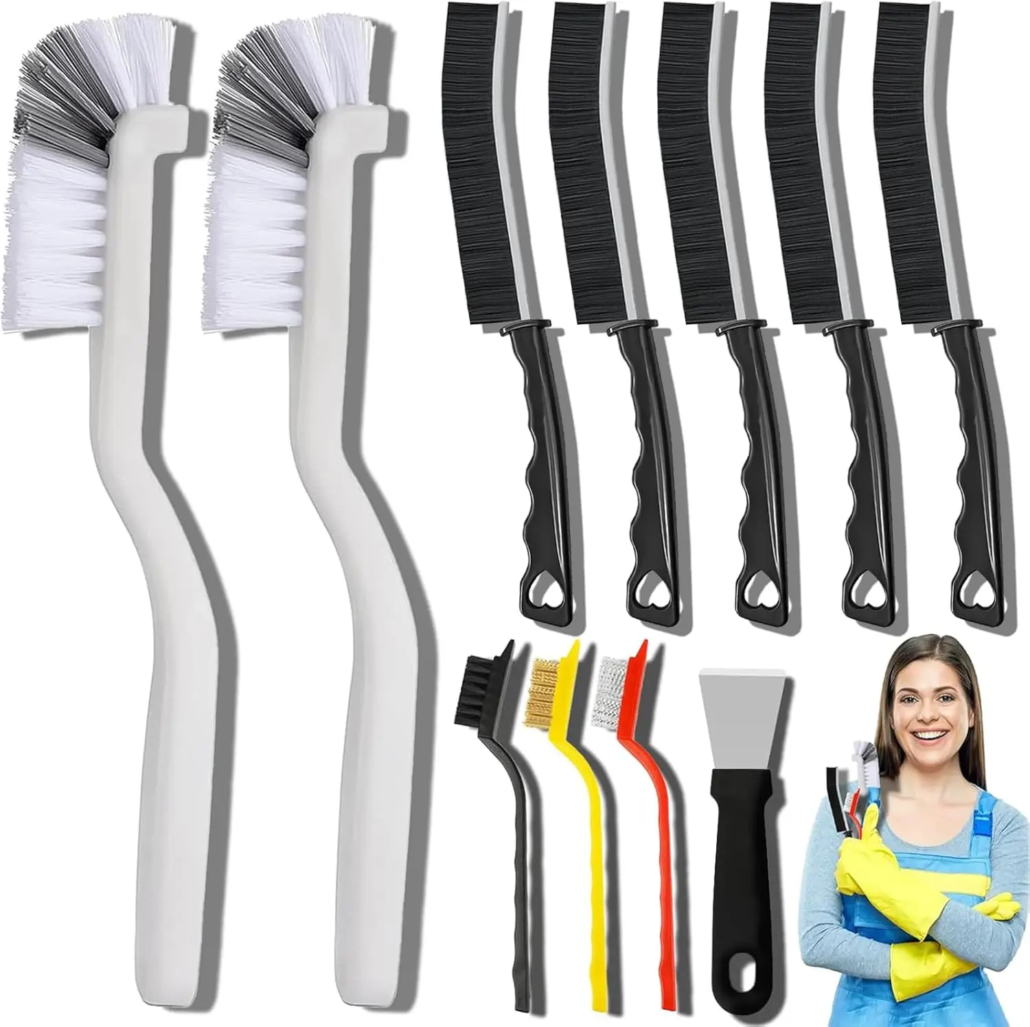 Dfacio 11Pcs Multi-Purpose Crevice Cleaning Brush Set with Handle - Hard Bristle Metal-Plastic Stainless Steel Home Care Supplies for Kitchens, Bathrooms