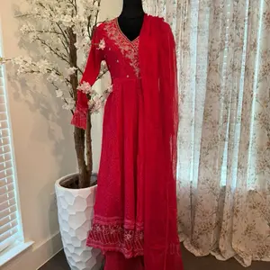 Rani Color Anarkali Suit - Red Traditional Dress with Embellished Details and Matching Shawl