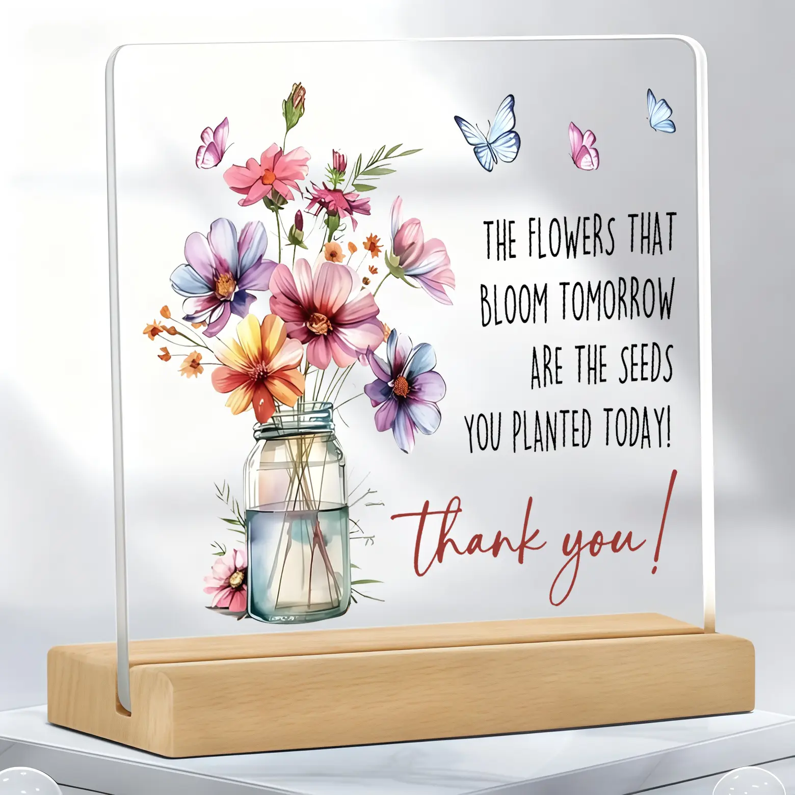 2D Flat Square Acrylic Desk Plaque - Minimalist Botanical Wildflowers Watercolor Jar Butterfly Thank You Inspirational Sign, Appreciation Keepsake Gift for Coworker, Halloween Office Home Decor