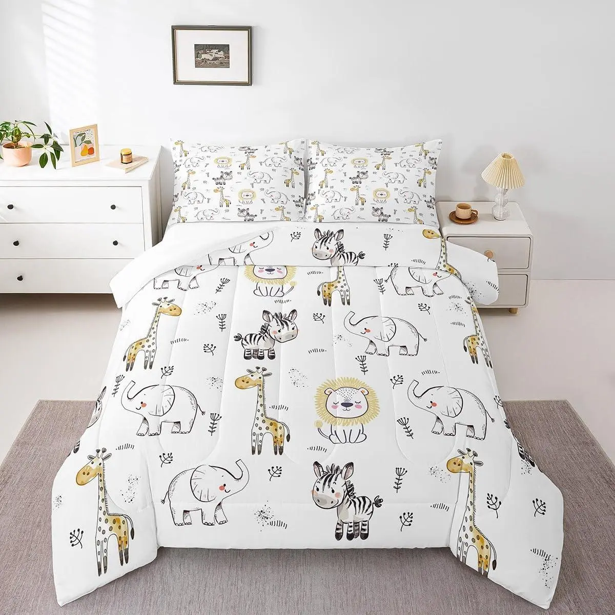 Zebra Leopard Comforter Set,Cartoon Animals Bedding Set for Kids Girls Women,Adults Lion Giraffe Comforter,Yellow Black Quilted Duvet Set,Bedroom Collection