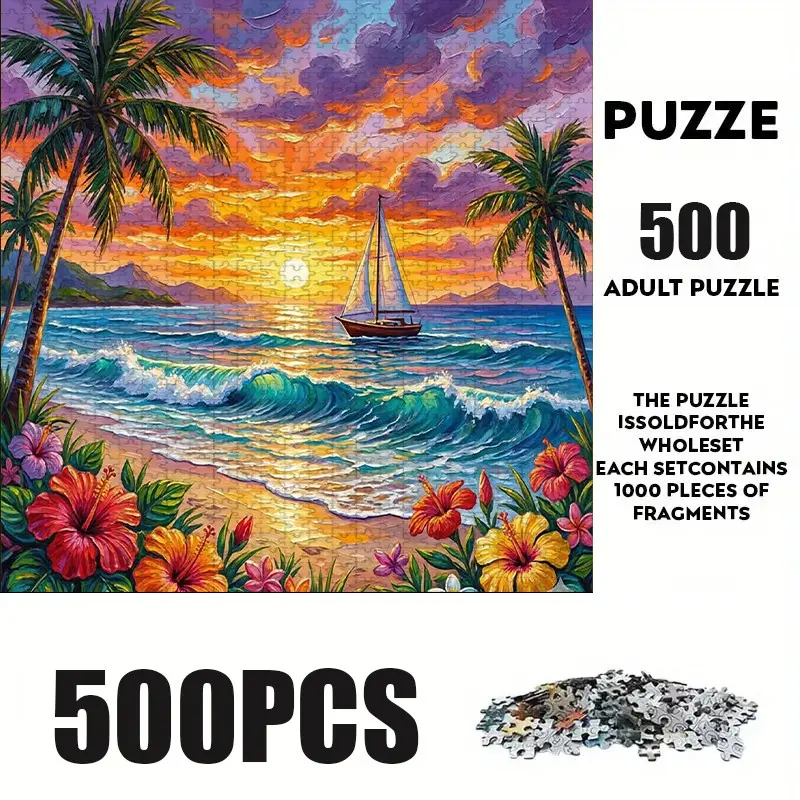500 Piece Cartoon Sunset Beach Puzzle, Large Adult Family Interactive Toy, DIY Home Decor Brain Challenge, Holiday Scene, Perfect Gift, Art Puzzles, Wave Puzzle
