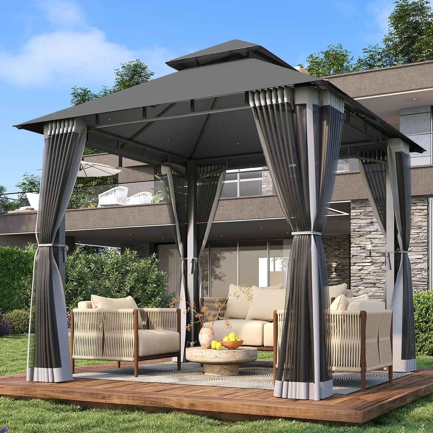 Aoxun 8x8 Metal Frame Gazebo with Double Roof & Mosquito Netting - Heavy-Duty Outdoor Canopy Shelter, Gazebo Outdoor Patio Tent with Zipper Screens, Netting Keeps Bugs/Mosquito Guard for Backyard (Includes Wind Ropes, Expansion Bolts), Gray, Double Roofin