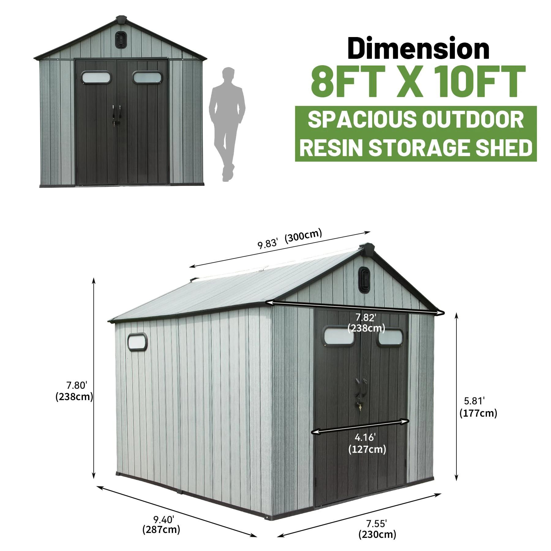Outdoor Resin Storage Shed Lockable Door Waterproof Plastic Garden Tool Shed Windows Vents Patio Furniture