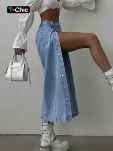 Elegant Women's Fashion Slim Fit Split Hem Single Button Denim High Waist Half-Length Skirt, Stylish and Comfortable Jean Dress, Womenswear, Fitted, Elegant Chic Skirt