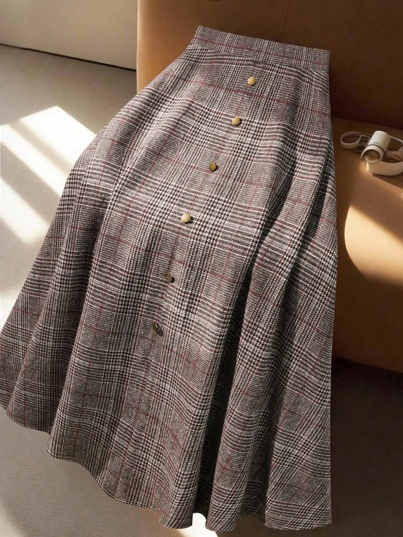 Women's Vintage Plaid High Waist Flared Skirt, Fashion Casual Skirt, Bottoms, Metal Button Front Slimming Long Dress, Spring Fall Commuter Office Wear, Womenswear