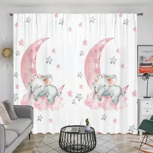 Cartoon Animal Print Curtains, Cute Elephant Star Cloud Pattern, Pole Pocket Style, Semi Sunshade Polyester Fiber, Easy Clean, Home Decor