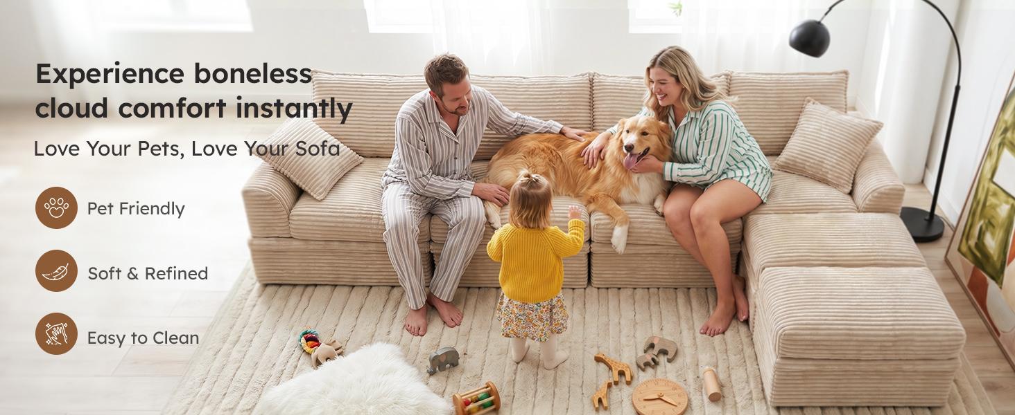 Beige 107in U-Shaped Modular Sectional Couch - 3-Seater Boneless Floor Sofa, The Cloud Couch, Cloud Sectional, Deep Seat Corduroy Sofas Living Room, Hidden Storage, Movable Ottomans, High Back Support, No Assembly, 2-Pack Ship, Curved Indoor Furniture
