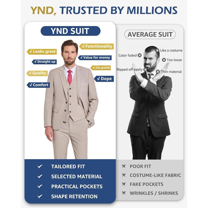 YND Men's 3 Piece Suit Set with Tie, 2 Button Slim Fit Solid Blazer Jacket Vest Pants, Business Wedding Party Suits for Men