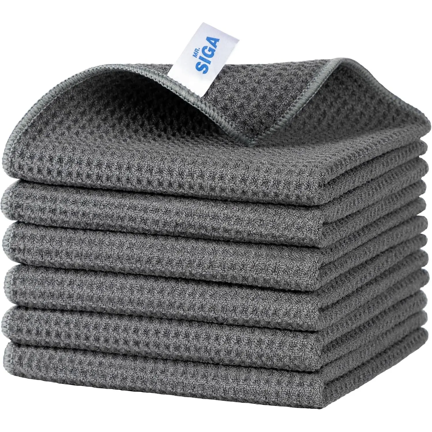MR.SIGA Waffle Pattern Cleaning Cloths, Reusable Absorbent Microfiber Cleaning Cloths, Lint Free Microfiber Kitchen Towels, 6 Pack, Gray, 12.6 x 12.6 inch