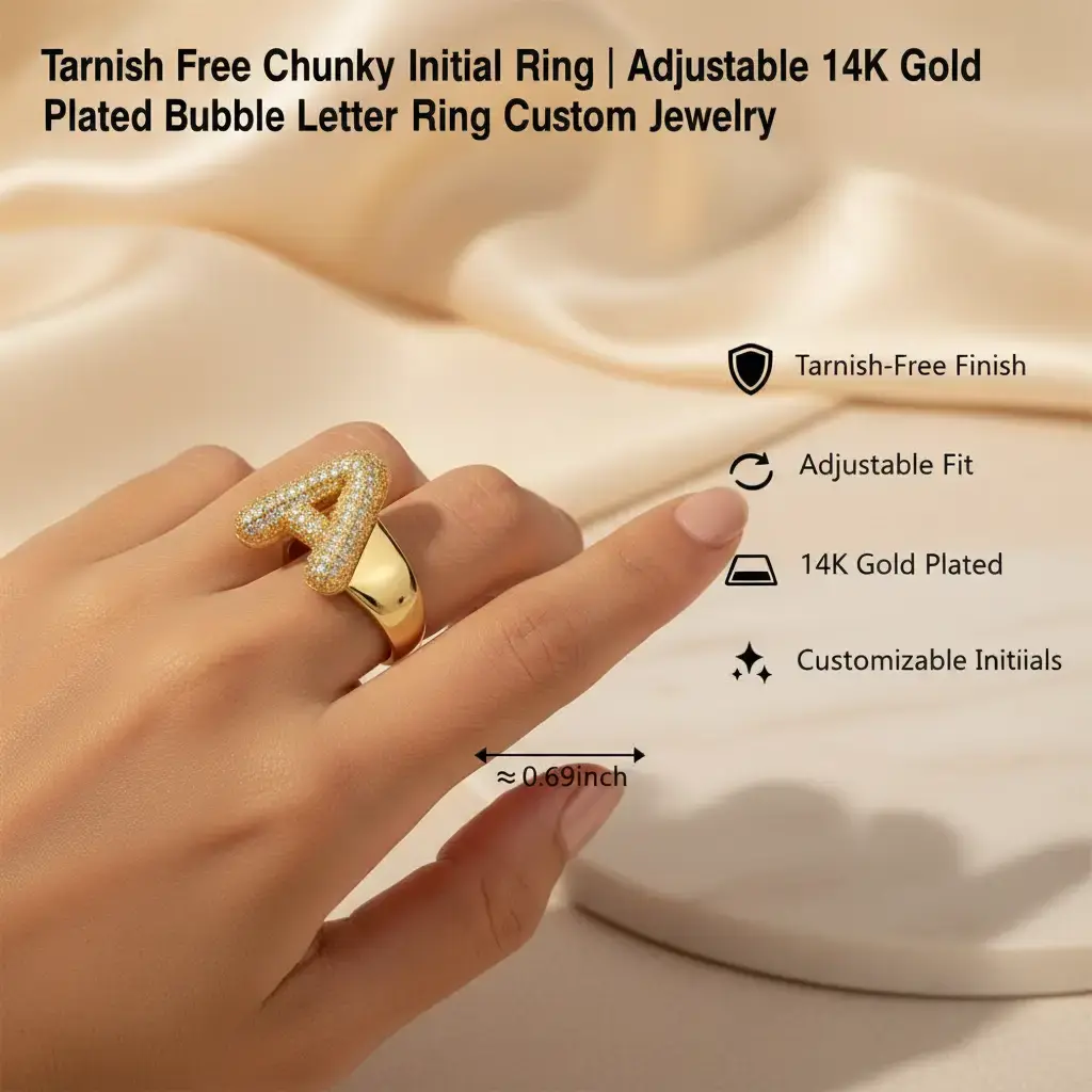 14K Gold Plated Chunky Initial Rings for Women, Tarnish-Free Adjustable Bubble Letter Ring with Zirconia, Stackable Custom Initial Jewelry, Luxury Fashion Statement Charm with Abalone Shell Decoration
