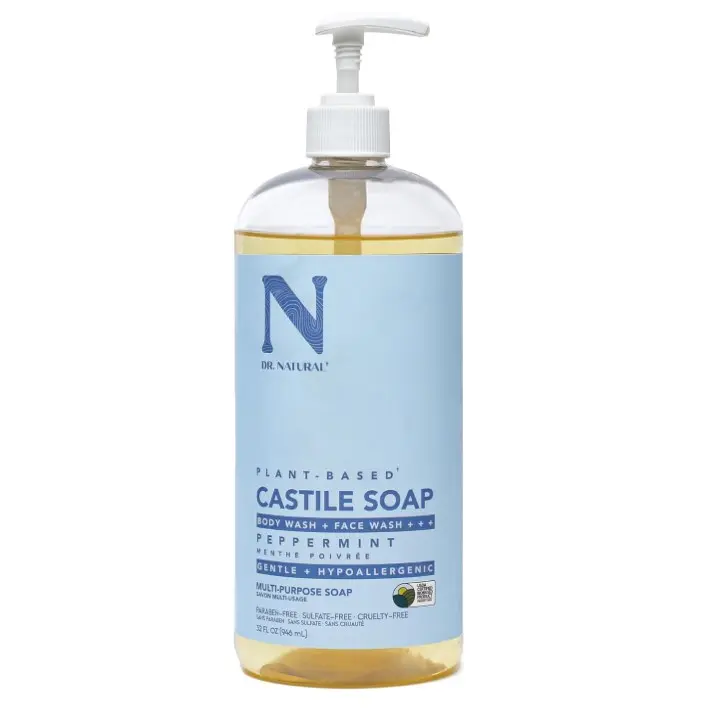 Dr. Natural Castile Liquid Soap, Peppermint, 32 oz - Plant-Based - Made with Organic Shea Butter - Rich in Coconut and Olive Oils - Sulfate and Paraben-Free, Cruelty-Free - Multi-Purpose Soap