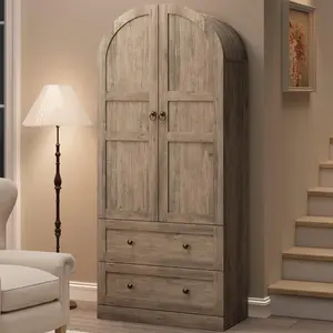 Garvee 71" Tall Arched Bookcase Cabinet, Wood Arched Bookshelf with Doors & Drawers, Large Arch Display Bookcase Cabinet with Storage, Farmhouse Storage Cabinet for Office Living Room, Retro Gray