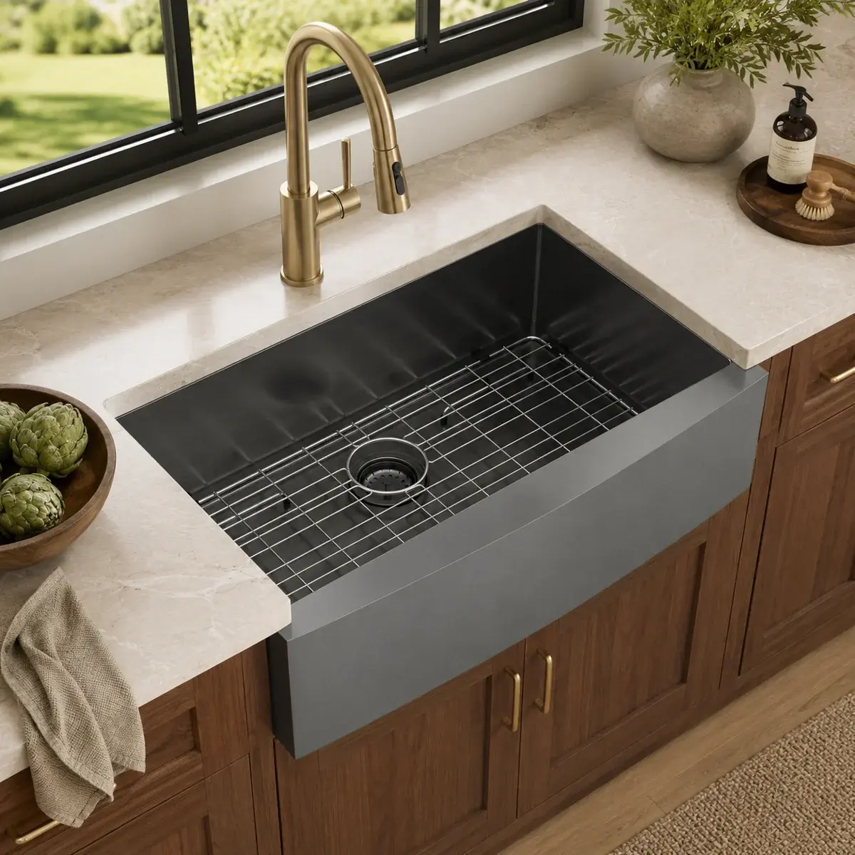 Kichae 33" x 21'' Gunmetal Black Apron Front Farmhouse Kitchen Sink, Stainless Steel Nano Titanium Coating Single Bowl Sink with Bottom Grid, Roll-Up Rack and Strainer for Home Kitchen Renovation