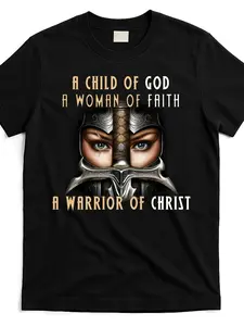 Child of God Woman of Faith Warrior of Christ T Shirt_cgf7410 At_black_product_image [Cool Design] Street Trending Style Women's Tee Comfortable Cotton Round Neck Shorts Same Gender Design and Sleeves Men's T Shirts