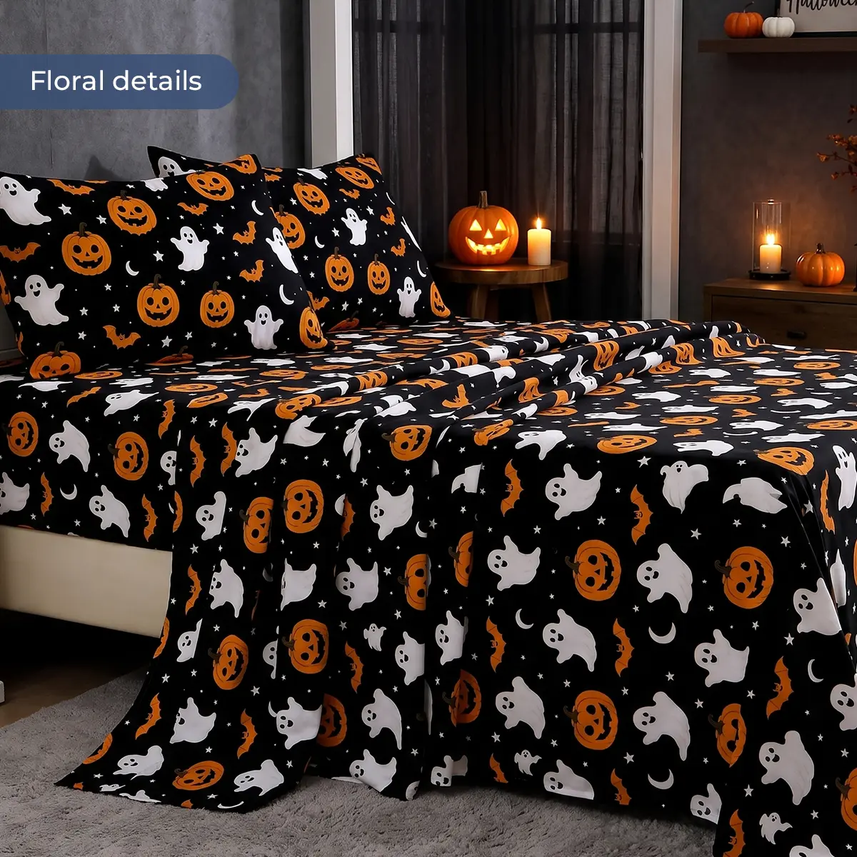 Halloween Sheet Set Queen - Black Cat Pumpkin Bedding 4 Piece, Soft [Material] Bed Sheets with Deep Pocket Fitted Sheet, 2 Pillowcases Flat Sheet, Spooky Cute Bedroom Decor for Women