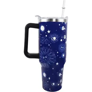 40oz (1,000-2,000 ml) Leakproof Sun Moon Stars Stainless Steel Double-Wall Insulated Tumbler Bottle with Handle, Reusable Straw Lid, Cover - Portable Hot/Cold Kitchenware Drinkware for Women’s Birthday, Mother’s Day Gifts; Beach, Home Office Use