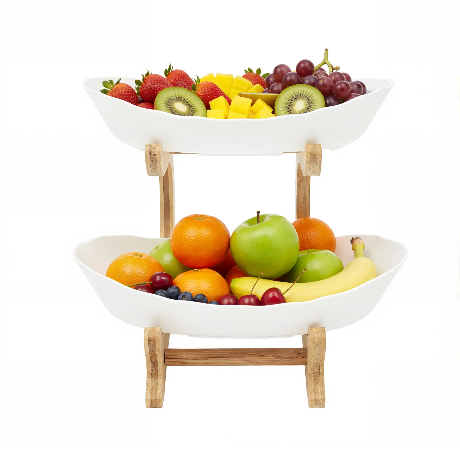 2-Tier Plain Bamboo & Food-Grade PP Fruit Organizer Bowl - Bamboo Frame, Ventilated Multilayer Shelf, Removable Dividers, Rounded Corners, Tabletop Mount Kitchen Organization Rack, White Family Fruit Display Gift, Removable Bowls