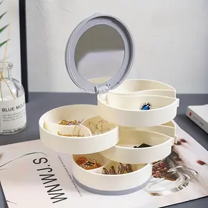 1pc Multi-Layer Rotating Plastic Jewelry Storage Rack, Earring Box and Makeup Organizer with Mirror, Versatile Jewelry Display Tray, Jewelry Storage Unit