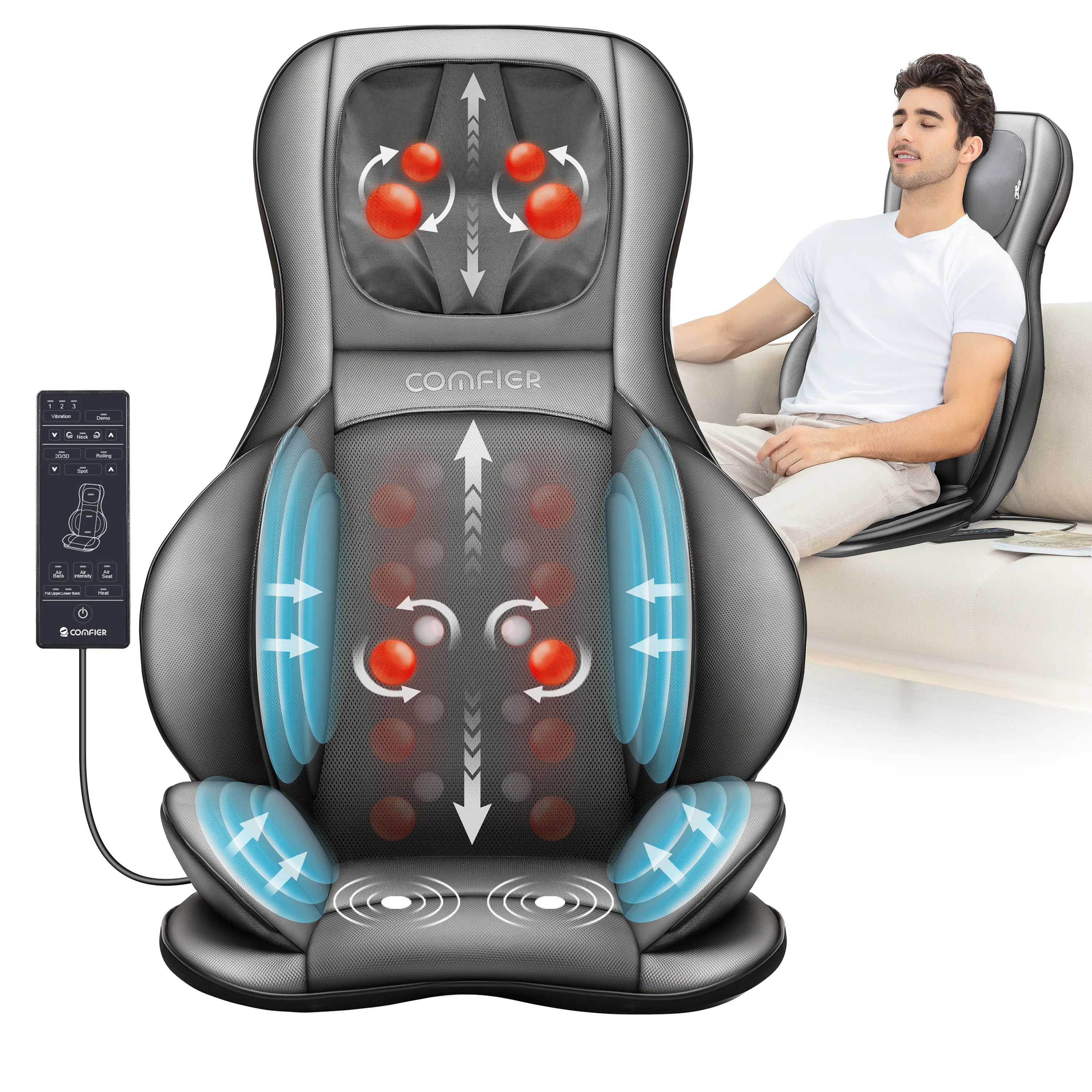 COMFIER Leather Massage Chair Pad with Heat - Shiatsu Neck & Back Massager, Portable with Compression, Rolling for Muscle Tension Relief, Ideal Birthday/Father’s Day Gift for Dad, Husband, Grandpa