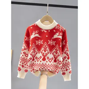 Christmas Girls' Sweater - Red & Snowflake & Reindeer Pattern, Soft Stretchy Knit Round Neck Pullover for Winter Parties, Holiday Outings, Machine Washable Festive Gift For Girls, Christmas Sweater, Party Outfit, Cozy Clothing, Durable Knitwear