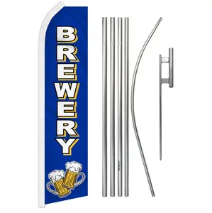 Outdoor Polyester Advertising Brewery Banner & Complete Flag Pole Kit - 11.5x2.5ft Large Size, Steel-Aluminium Construction, Curved Edge Flag