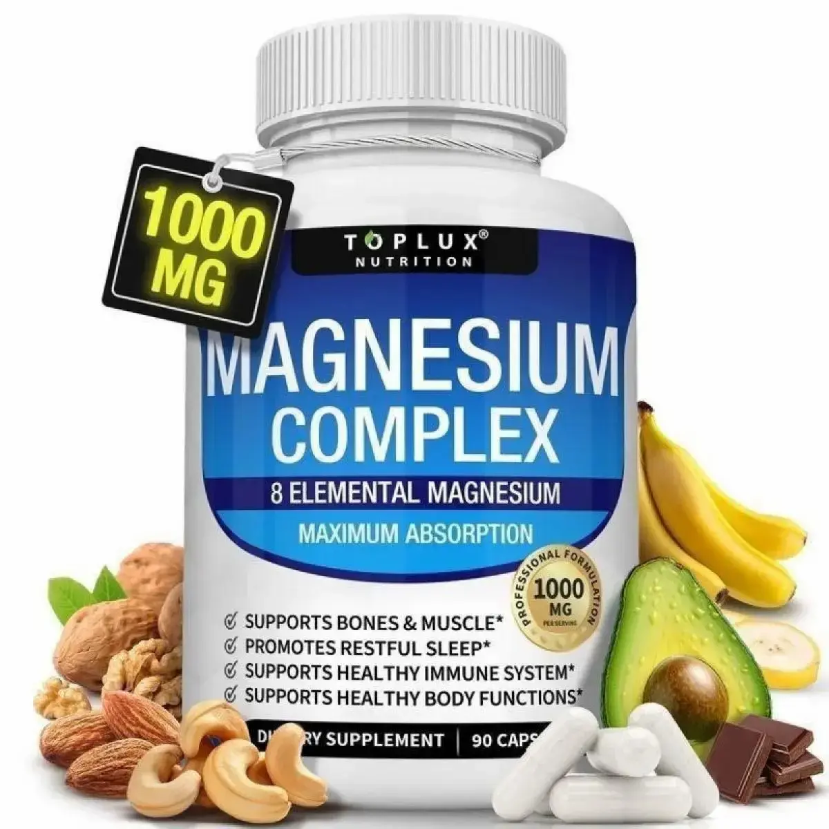 Toplux Nutrition Magnesium Complex 1000mg, 90 Capsules | 7 Chelated Magnesium Sources, Supports Bone, Muscle, Sleep, Immune & Energy for Men & Women