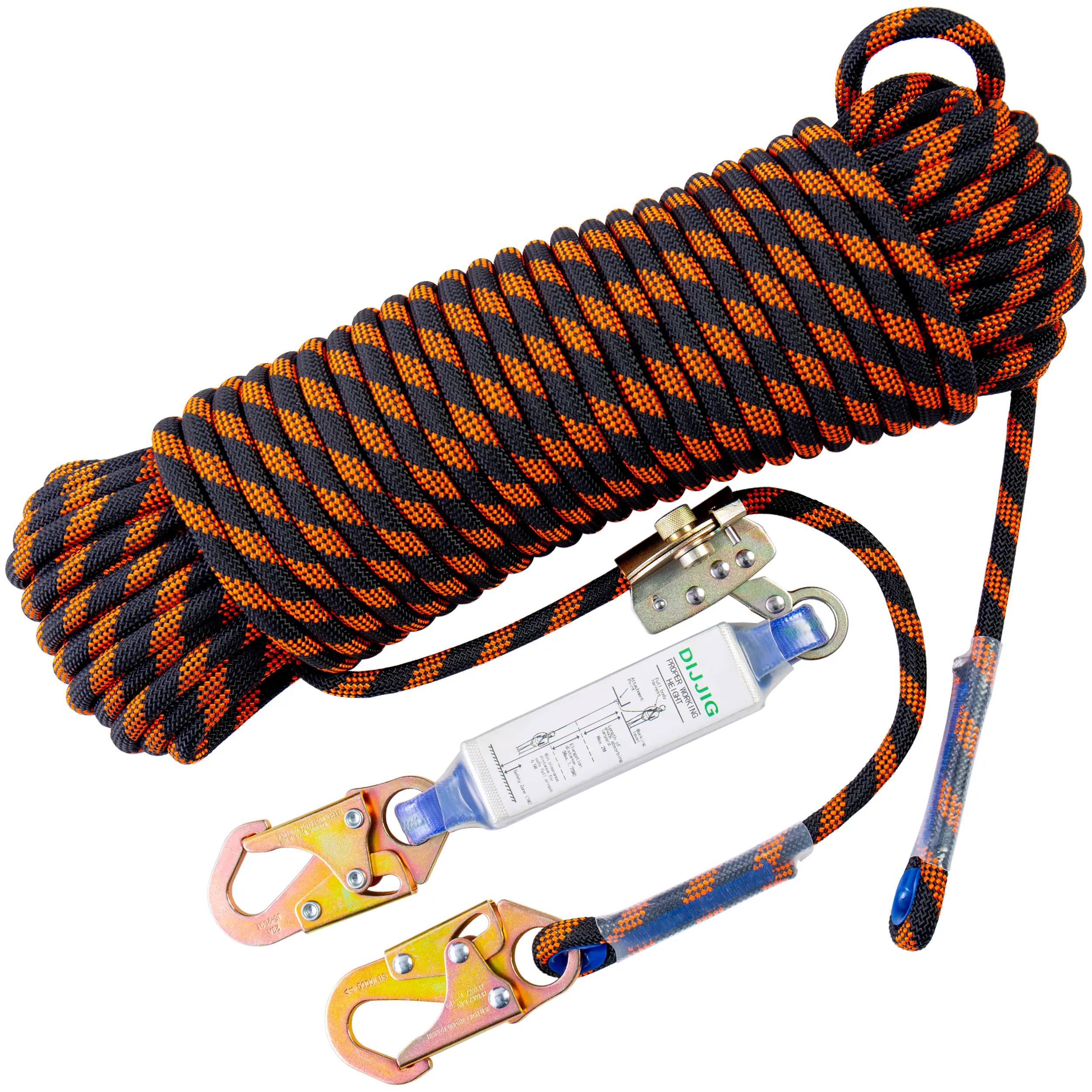 Climbing Rope, Fall Protection Safety Rope, 25 50 100 150ft Vertical Tree Stand safety Rope Line Kit Safety Harness for Roofing Work with Alloy Steel Rope Grab, Two Snap Hooks, Shock Absorber