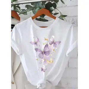 A Stylish And Chic Purple Butterfly Tee For Women, Perfect For Summer Casual Wear. This White Round-Neck, Short-Sleeved Top Makes A Great Gift For Christmas, Thanksgiving, Or New Year For Family, Couples, Or