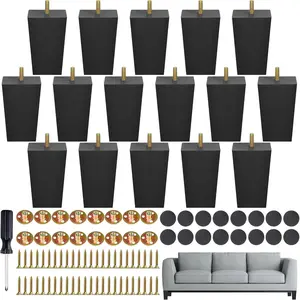 Set of 16 Black 4 Inch Square Solid Wood Furniture Legs, Wooden Replacement Feet for Sofa, Couch, Chair, Bed, Cabinet, Table, Includes Screws, M8 Iron Washers, Felt Pads & Screwdriver