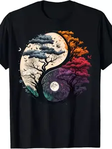 Plus-size Yin-Yang nature-inspired pattern loose T-shirt - striking black T-shirt decorated with a double tree design, incorporating elements of the moon and flying birds, ideal for nature lovers and outdoor enthusiasts, a great choice for casual summer w