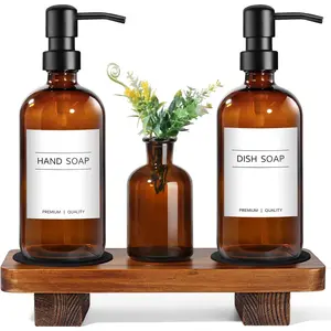 Kitchen Soap Dispenser Set with Wood Riser Tray, Amber Glass Soap Dispenser with Stainless Steel Pump, Hand and Dish Soap Dispenser Set for Kitchen, Soap and Lotion Dispenser Bathroom Decor(Amber)