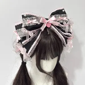 Lolita hair accessories, handcrafted with meticulous detail, in black and pink tones, cute and elegant, including hair clips and headbands