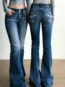 Womens Slim Fit Jeans with Feather Wings & Flower Embroidery High Stretch Floral Denim Pants for Women Y2K Revival Bootcut Flare - Basic, Womenswear
