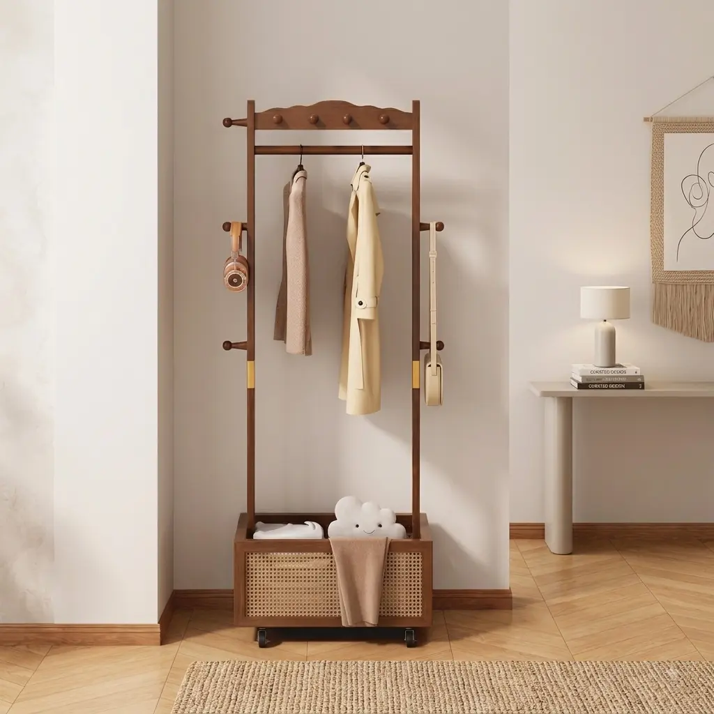 Heavy Duty Rubberwood 3-in-1 Mobile Clothes Drying Rack Rolling Coat Hanger with Large Storage Bin Space-Saving Portable Indoor Entryway Furniture Organizer Stand #SohoChic