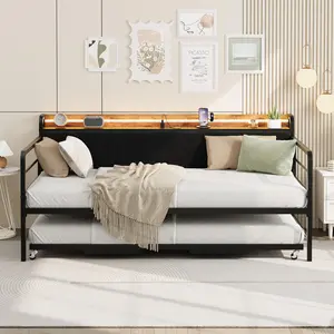 GAOMON Daybed with Trundle and LED Light, Sturdy Metal Twin Size Bed Frame with Corduroy Upholstered Headboard and Charging Station, for Living Room, Bedroom and Guest Room, Black
