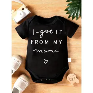 Cute Baby Bodysuit With I Got It From My Mama Print Soft Versatile Round Neck Button Detail Regular Fit All Seasons Knitted Fabric Onesie For 0-12 Months