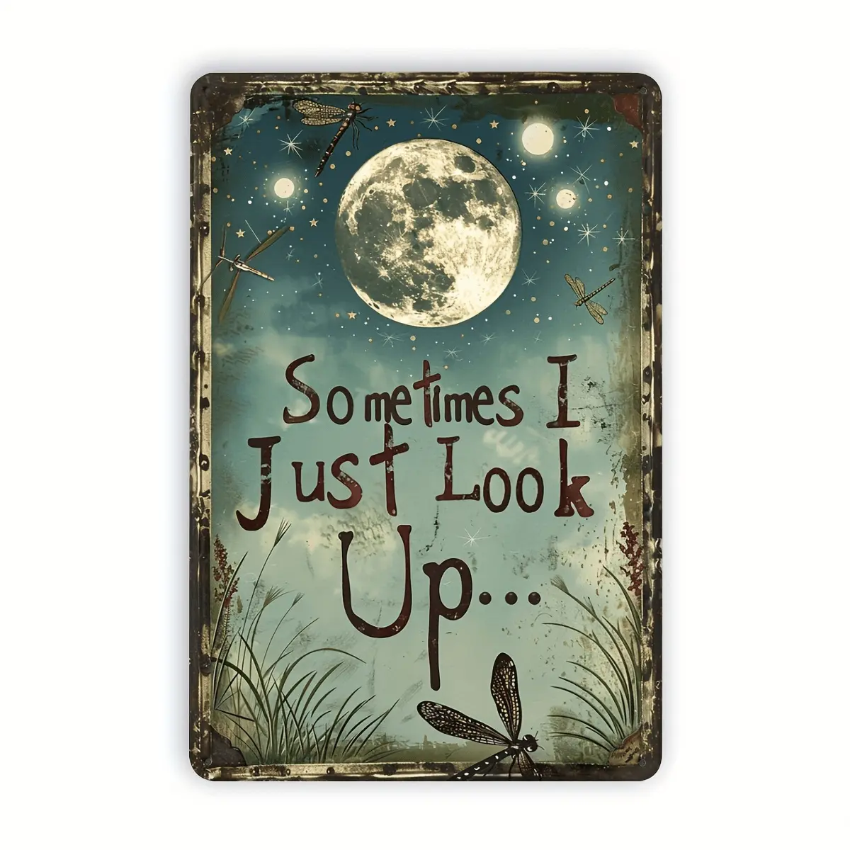 Vintage Dragonfly and Moon Metal Wall Art Sign for Indoor and Outdoor Decor Nine by Twelve Inches Rustic and Weatherproof
