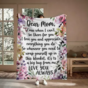 To My Mom Hug Blanket, Watercolor Pink Purple Flower Border Pattern Flannel Throw Blanket, Soft Cozy Warm Comfortable Blanket for Mom, 1 Piece Love You Always Message Nap Mat, Sentimental Gift for Mom from Daughter Son, Mother's Day Birthday
